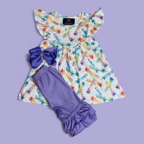 Girls Colorful Pencil Ruffled Shorts Set with Matching Bow - Bowtism